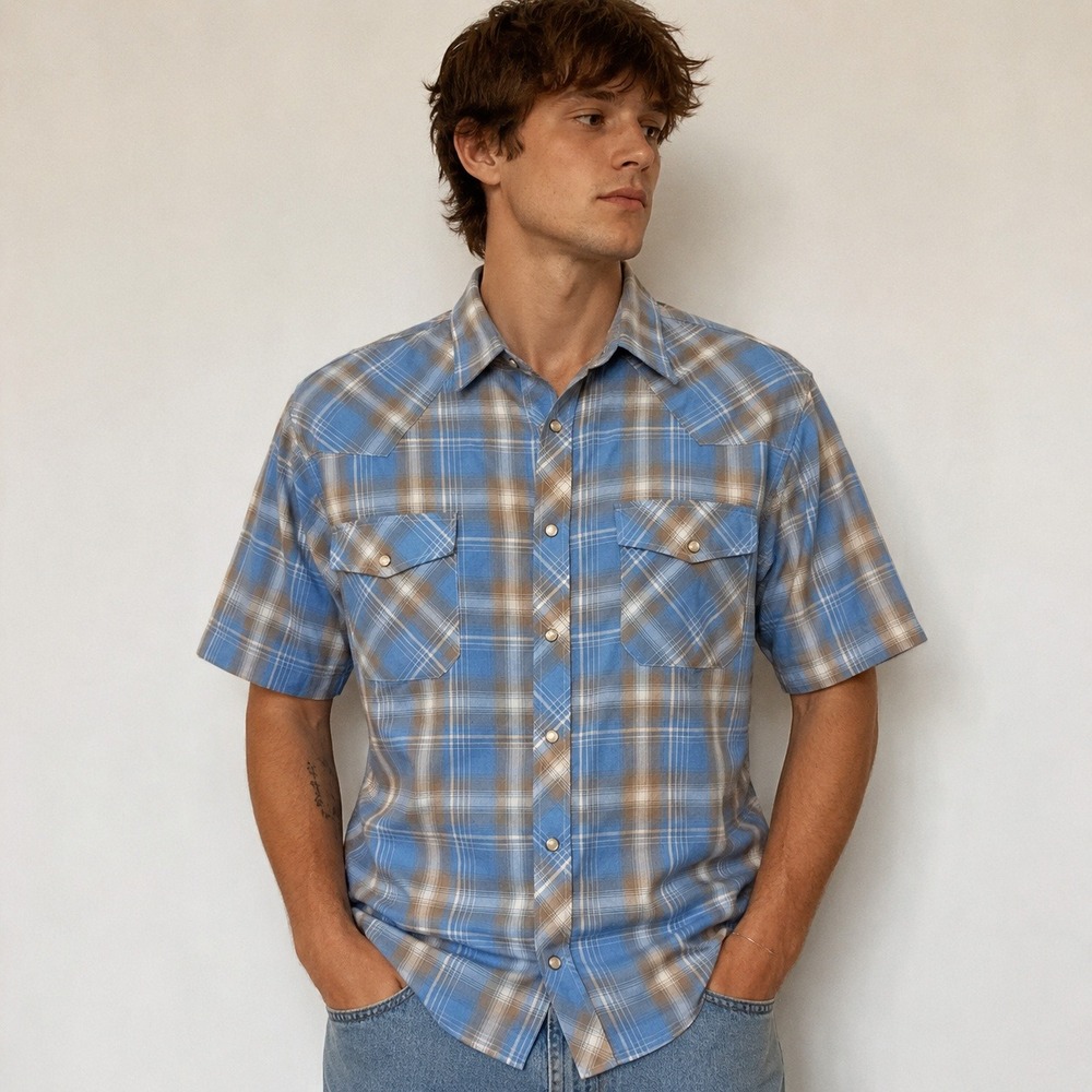 Haband‎ Mens Blue Plaid Short Sleeve Western Pearl Snap Shirt (measured Medium)